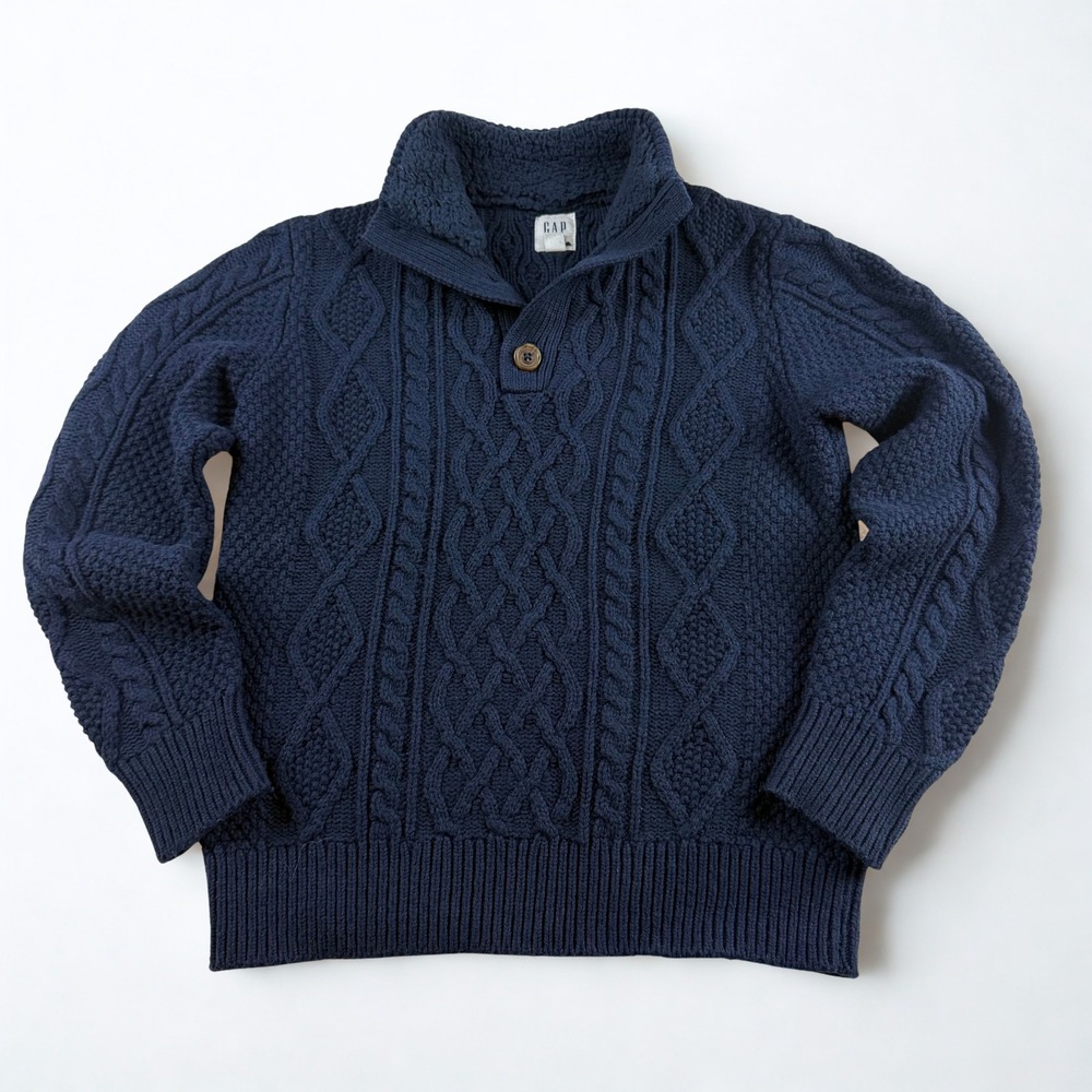Gap Kids Cable Knit Fisherman Sweater Boys L Blue Sherpa Lined Mock Neck Button